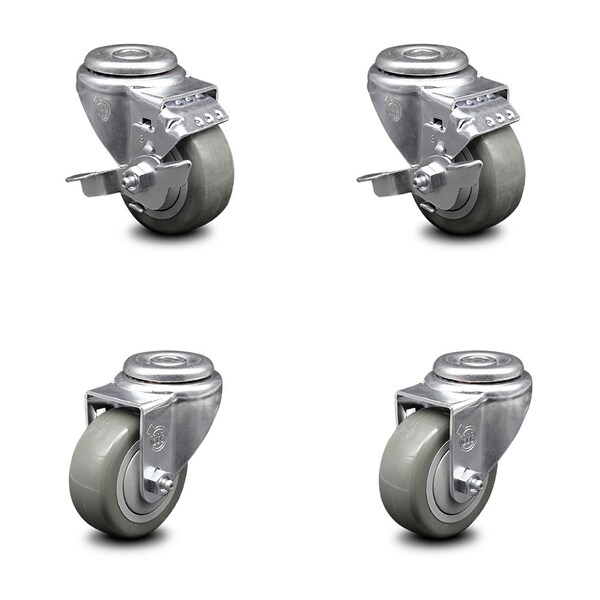 3 Inch Gray Polyurethane Wheel Swivel Bolt Hole Caster Set with 2 Brake SCC